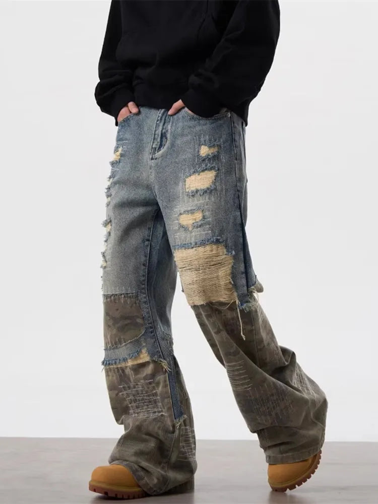 Trashy Y2K Streetwear, Ripped Stacked Baggy Jeans ,Camouflage Patchwork