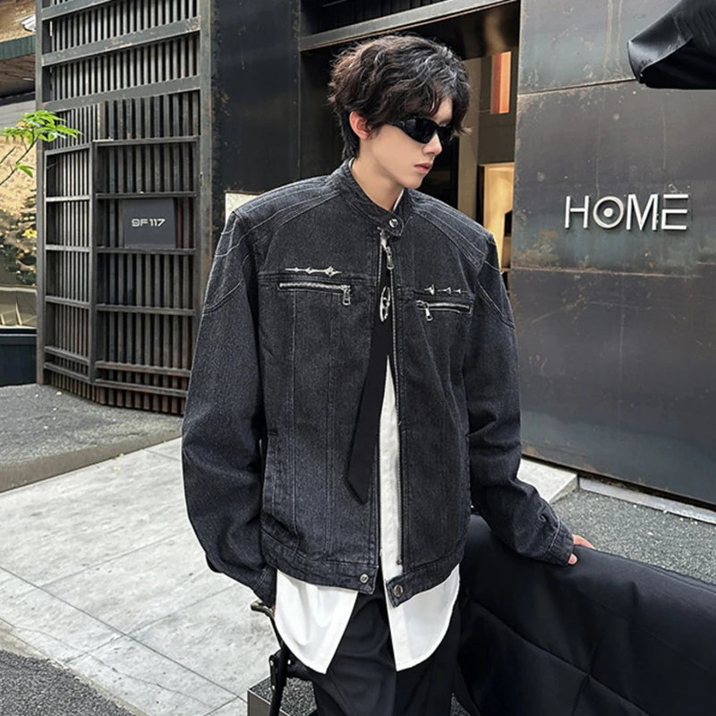 Men's Denim Jacket, Patchwork with Metal Design, Shoulder Pads, Loose Short Streetwear Coat