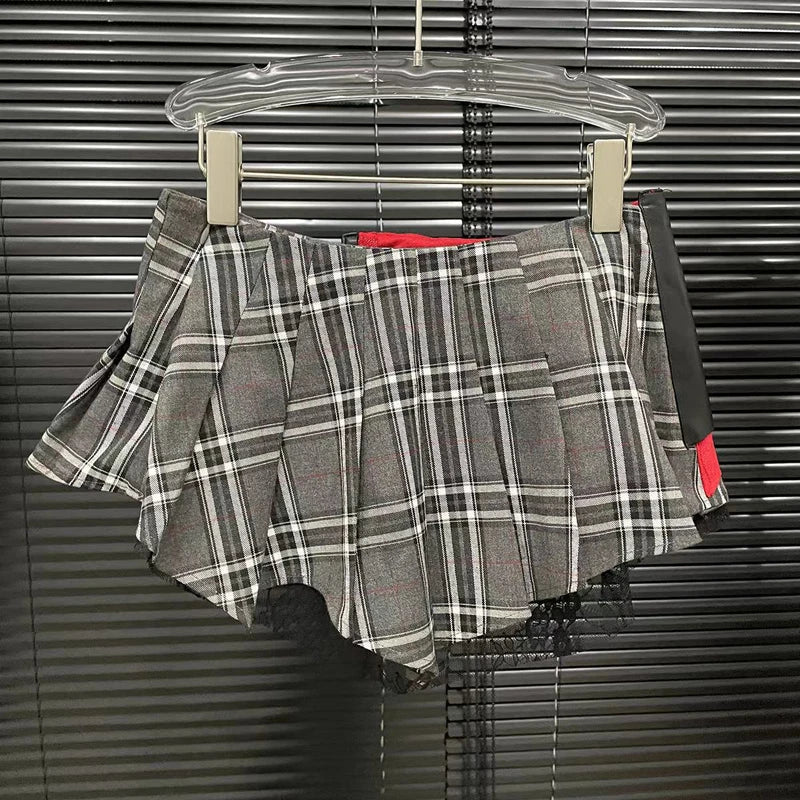 2025 New Women's Cotton Lace Patchwork Design Plaid Mini Leather Skirts Streetwear Female Modern Punk Irregular Pleated Skirt