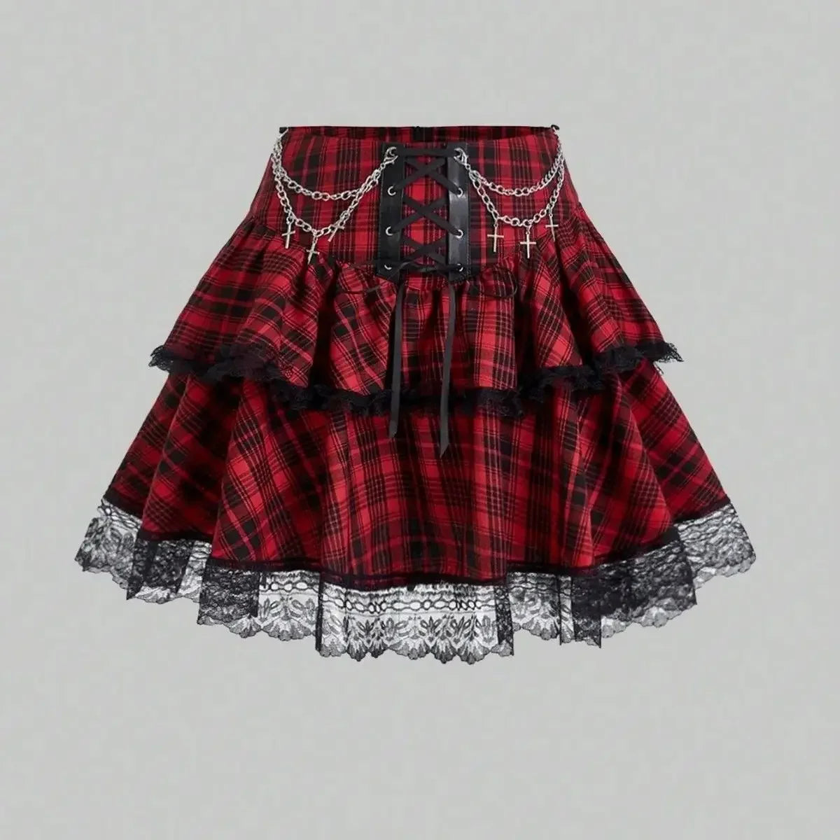 2024 New Japanese Vintage Dark Gothic Punk Y2K Millennium Black Red Plaid Skirt Harajuku Retro High Waist Lace Fluffy Mini Skirt