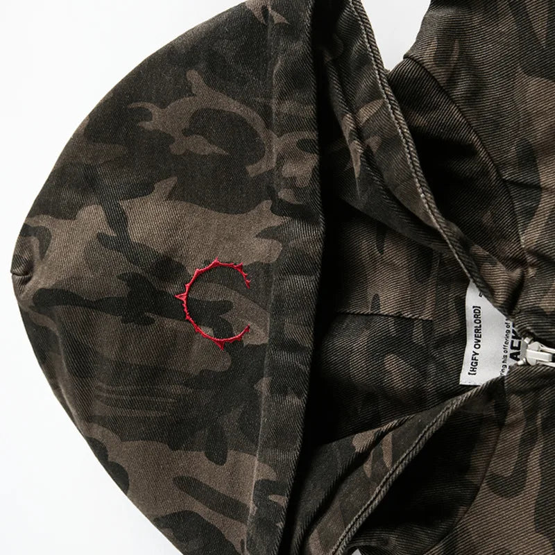 Men's Camouflage Hooded Jacket, Embroidered Patchwork, Zipper, Loose Streetwear Coat