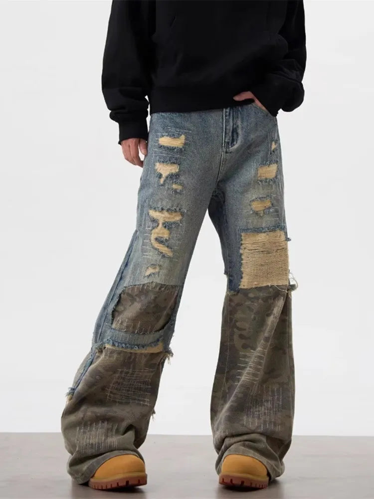 Trashy Y2K Streetwear, Ripped Stacked Baggy Jeans ,Camouflage Patchwork