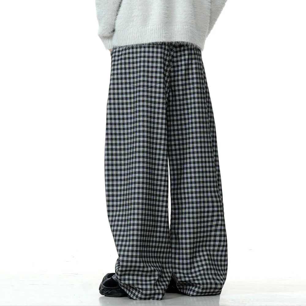 Retro Plaid Wide Leg Pants Mens Spliced Zipper Fly High Street Loose Casual Baggy Trousers Men