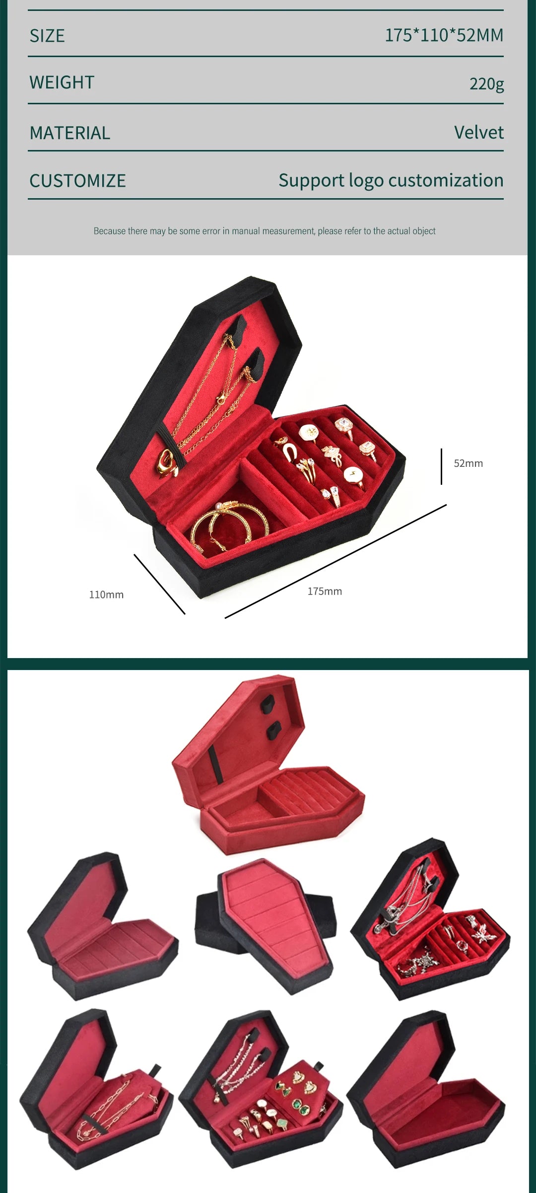 ContexZero Coffin Shape Velvet Jewelry Box Gothic Vampire Red Jewelry Box Ring Necklace Storage