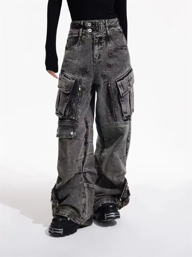 Cyber Y2K - Washed Grey Baggy Cargo Jeans, 90S Vintage Style