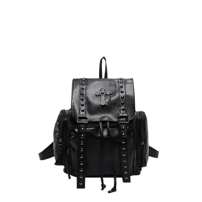 Rivet Y2K Backpack, Gothic Punk PU Leather Shoulder Bag, Vintage Harajuku Backpack