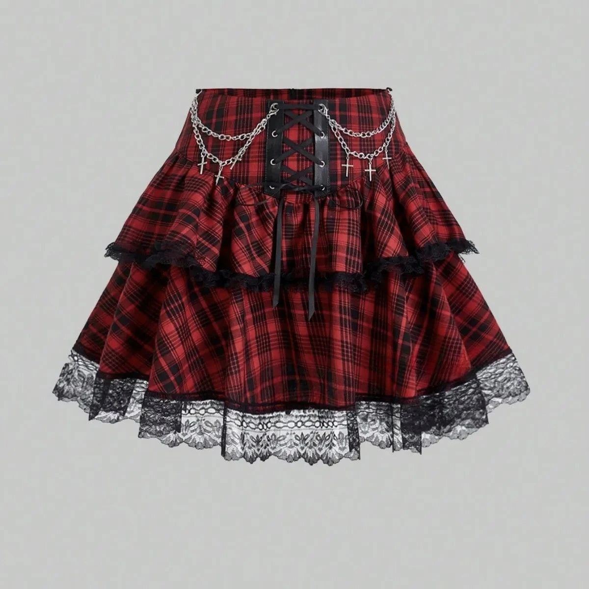 2024 New Japanese Vintage Dark Gothic Punk Y2K Millennium Black Red Plaid Skirt Harajuku Retro High Waist Lace Fluffy Mini Skirt