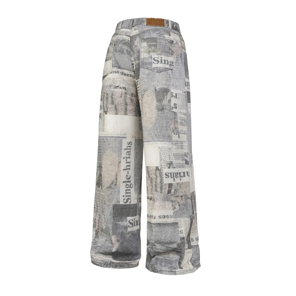 Retro Print Casual Pants Mens High Street Straight Loose Wide Leg Pocket Trousers Men Baggy Pants