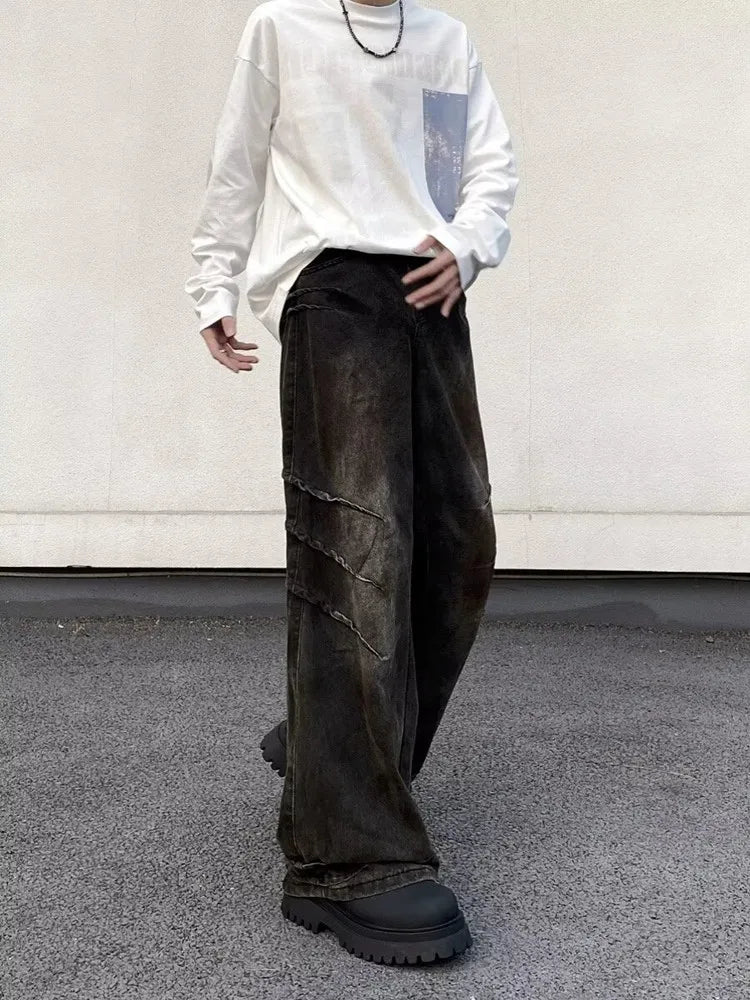 Cyber Y2K Streetwear Black Distressed Pleated Baggy Jeans, Straight Loose Gothic Long Trousers