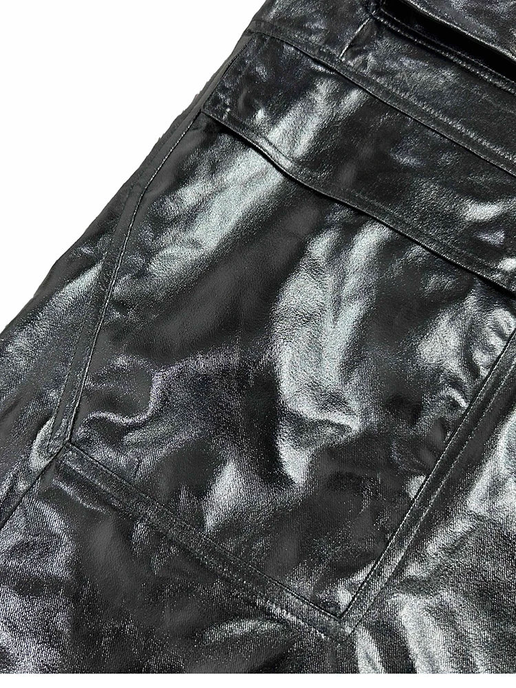 Mauroicardi Spring Autumn Cool Black Shiny Reflective Pu Leather Wide Leg Pants for Men Drawstring Waist Mens Designer Clothes