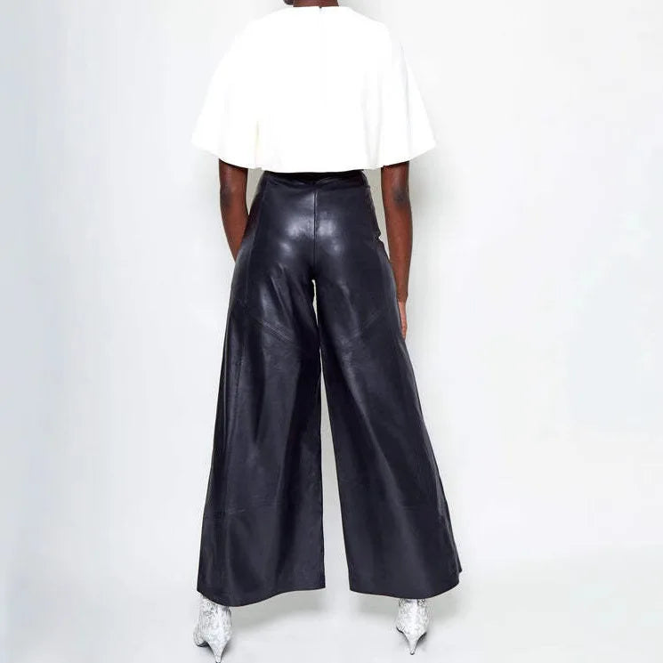 Casual Loose Leather Pants Women High Waist Wide Legs Solid Pocket Flare Pant Female 2025 Autumn Fashion Belt Streetwears Lady