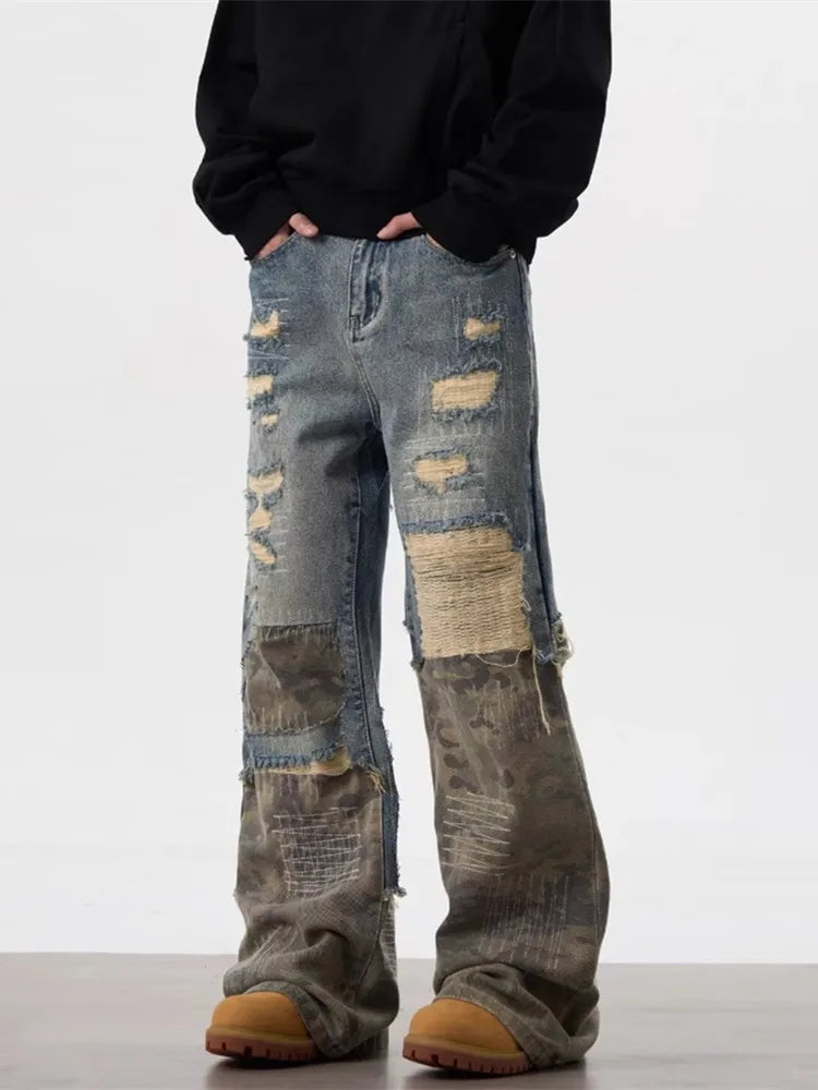 Trashy Y2K Streetwear, Ripped Stacked Baggy Jeans ,Camouflage Patchwork