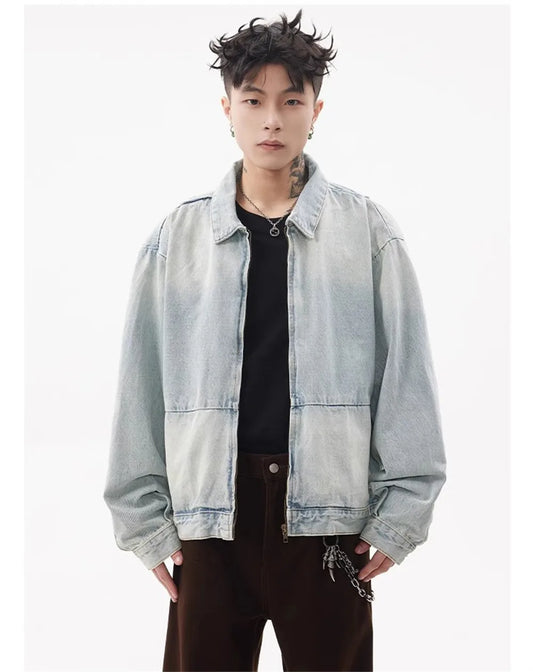 Washed Distressed Spliced Denim Jacket Mens Retro High Street Lapel Long Sleeve Outerwear Men JeansJ acket