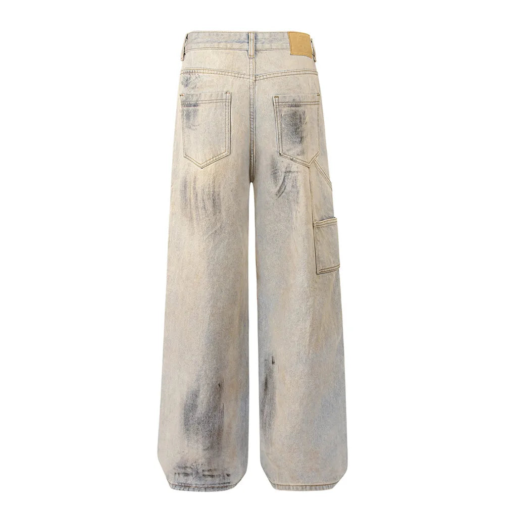 Ripped Spliced Dirty Wash Jeans Mens High Street Washed Distressed Straight Wide Leg Denim Pants Men Trousers