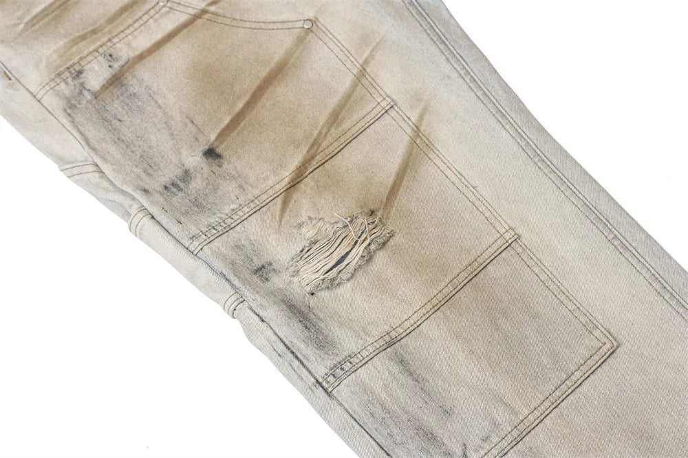 Ripped Spliced Dirty Wash Jeans Mens High Street Washed Distressed Straight Wide Leg Denim Pants Men Trousers