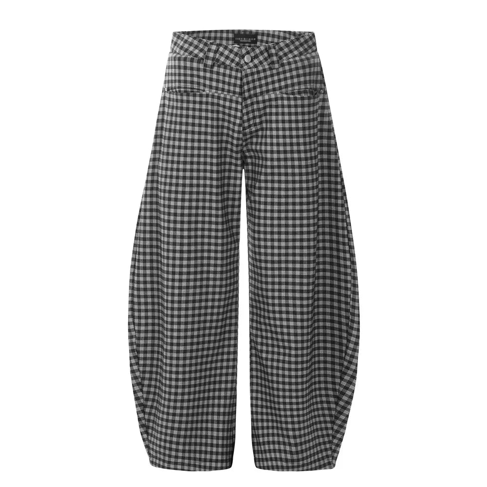 Retro Plaid Wide Leg Pants Mens Spliced Zipper Fly High Street Loose Casual Baggy Trousers Men