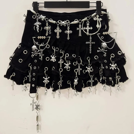 Harajuku Skull Cross Denim Mini Skirt