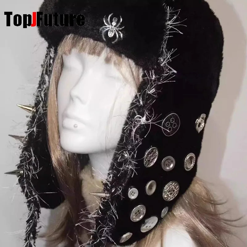 Gothic Lolita Y2k Girls Women's  Subculture Punk rivet Metallic design Spike Warm plush fluffy Harajuku Winter Warmer Beanie Hat