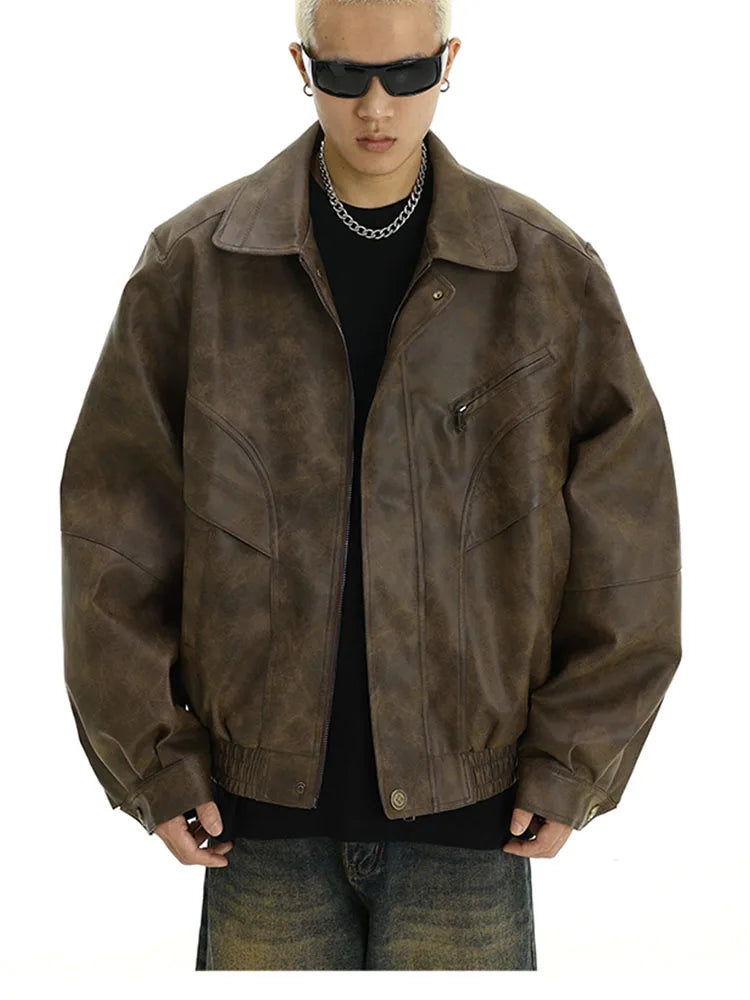 Retro Distressed Brown PU Leather Jacket – Men's Vintage American Style