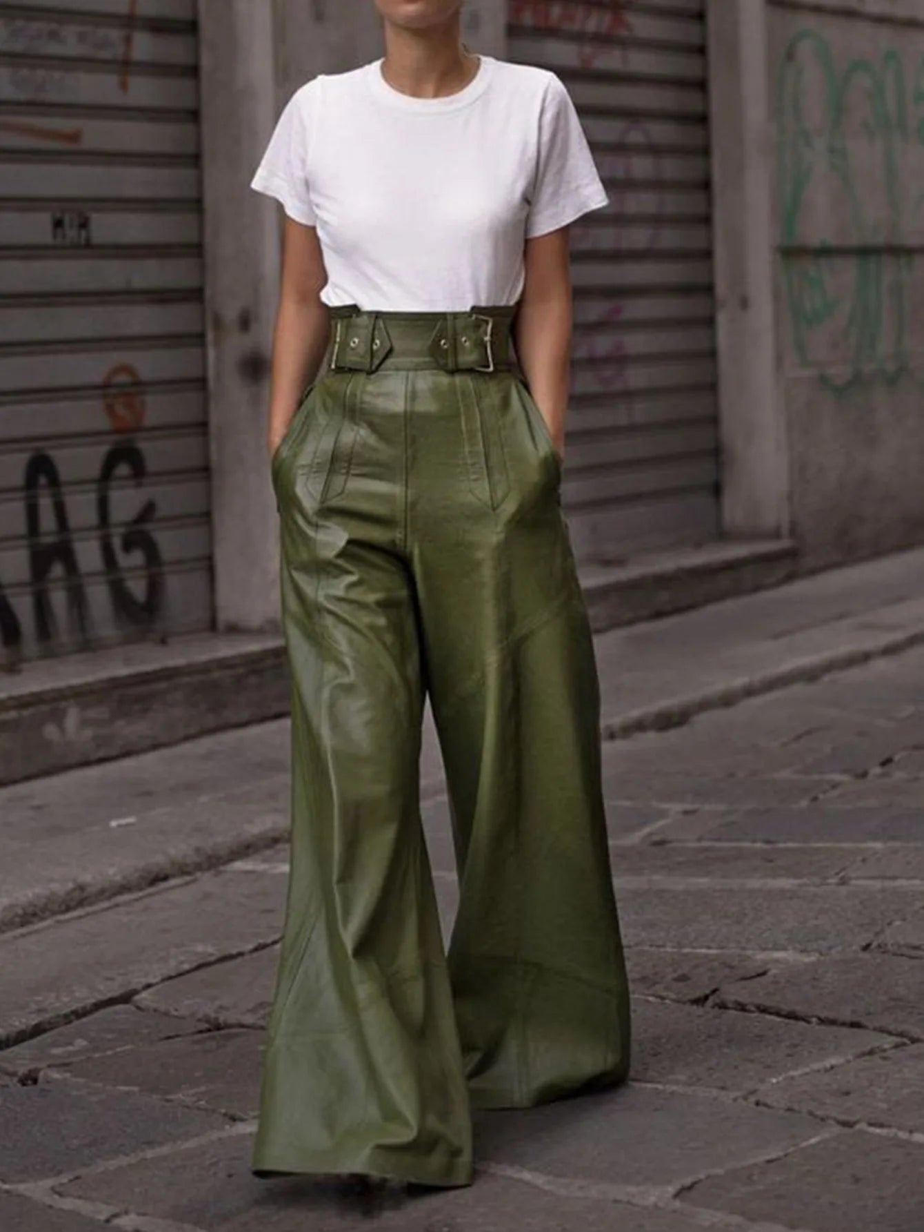 Casual Loose Leather Pants Women High Waist Wide Legs Solid Pocket Flare Pant Female 2025 Autumn Fashion Belt Streetwears Lady