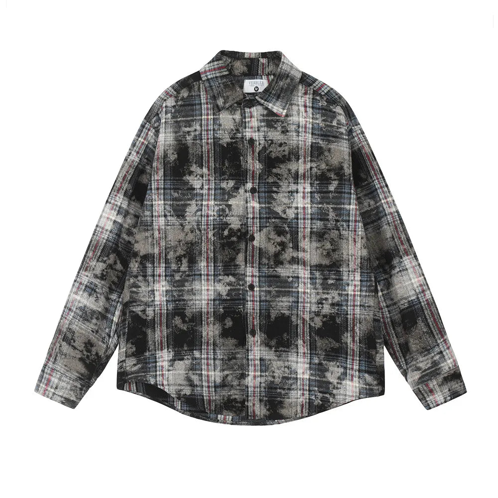 Cartoon Print Plaid Long Sleeve Shirts Mens High Street Autumn Loose Cotton Lapel Single Breasted Curved Hem Shirts Men