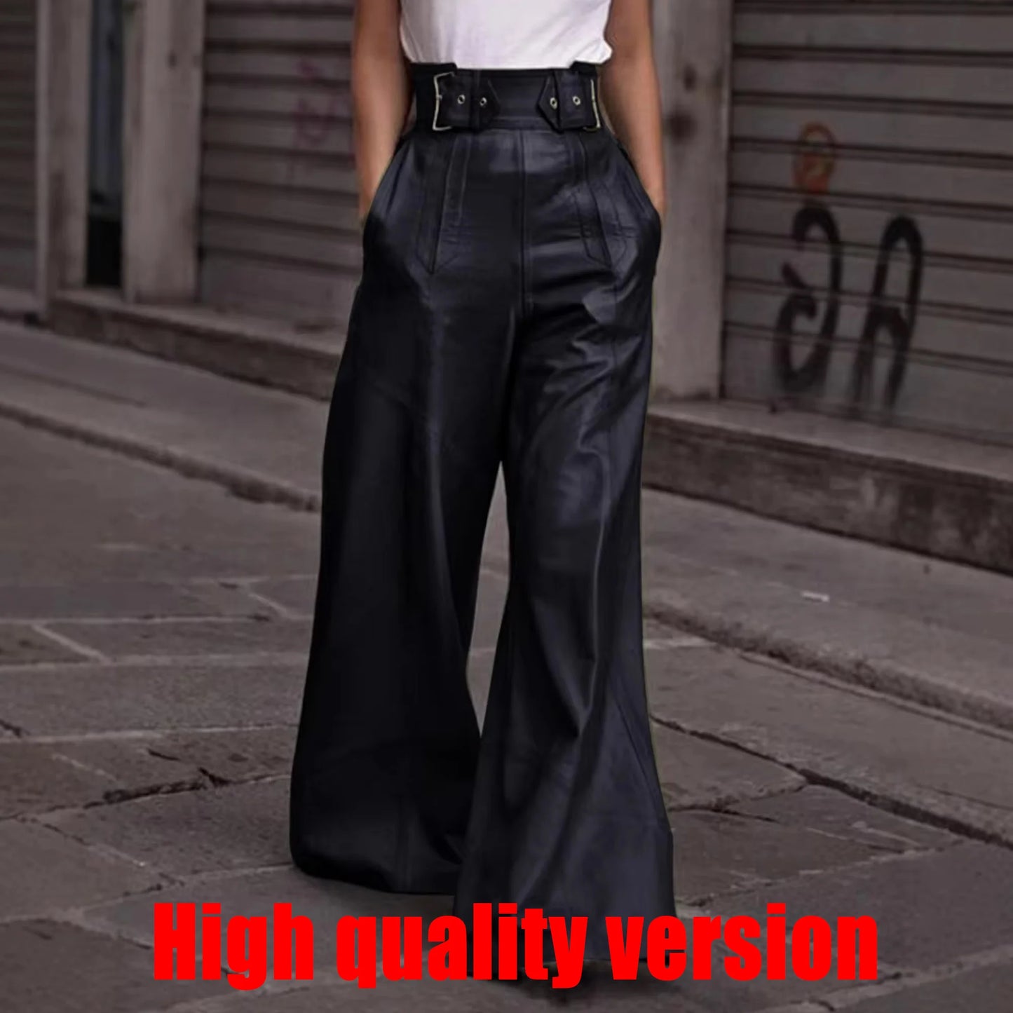 Casual Loose Leather Pants Women High Waist Wide Legs Solid Pocket Flare Pant Female 2025 Autumn Fashion Belt Streetwears Lady