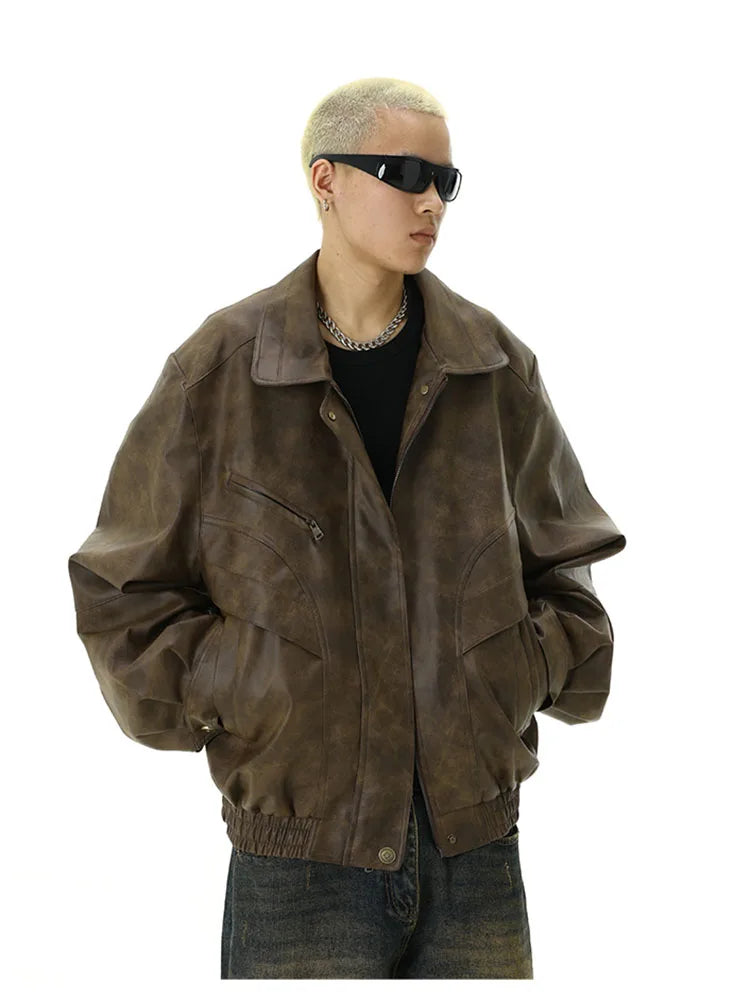 Retro Distressed Brown PU Leather Jacket – Men's Vintage American Style