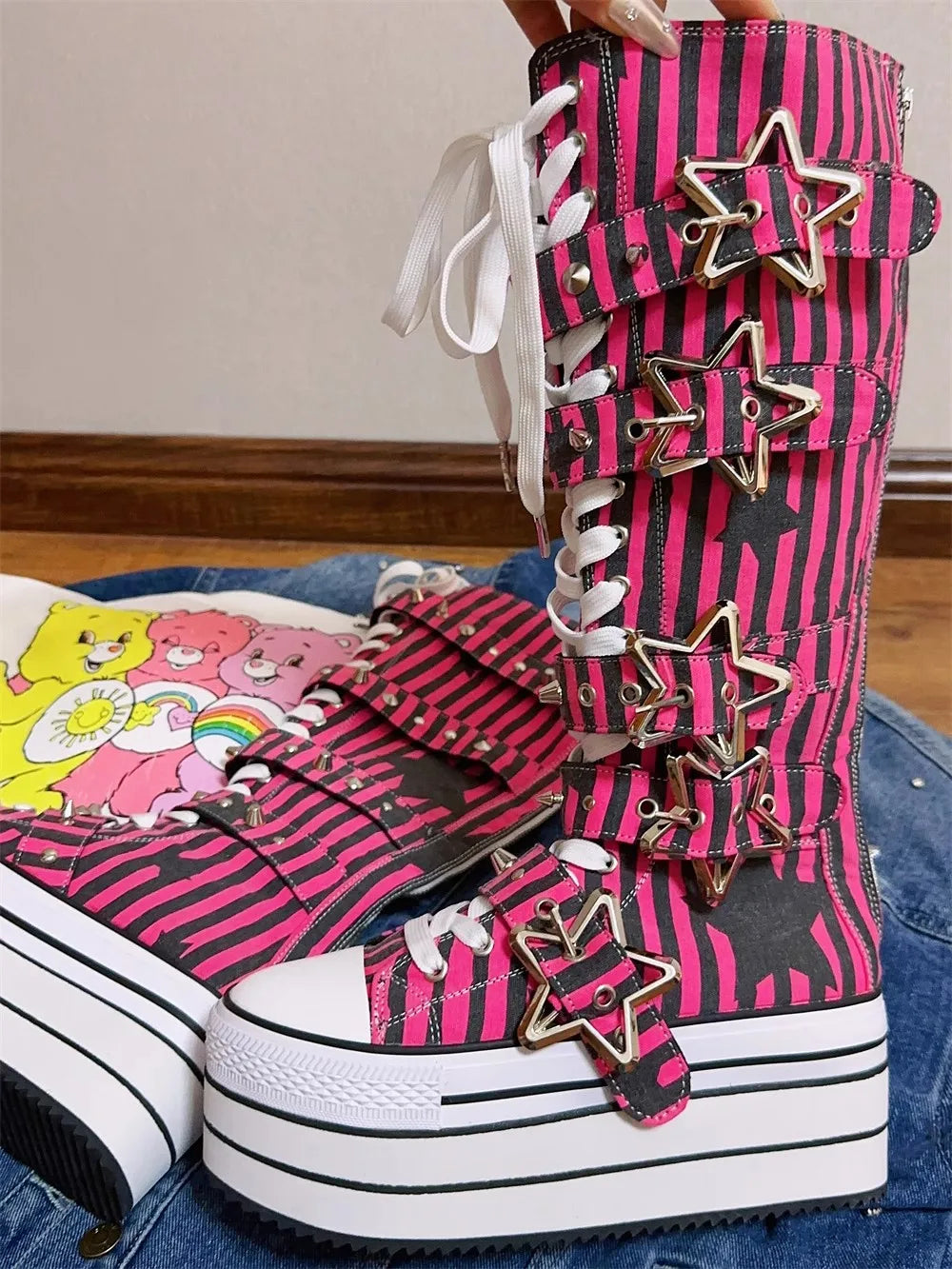 Women wasteland punk long Boots high wedge party shoes round toe canvas shoes Striped pentagram