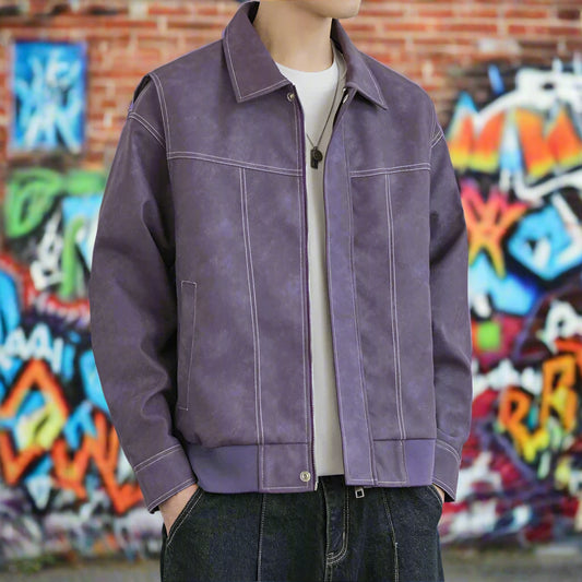 American Style PU Leather Jacket, Solid Color, Turn-Down Collar, Long Sleeve Streetwear