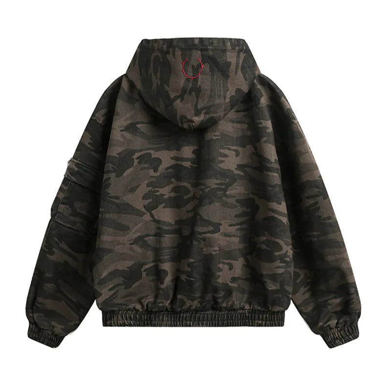 Men's Camouflage Hooded Jacket, Embroidered Patchwork, Zipper, Loose Streetwear Coat