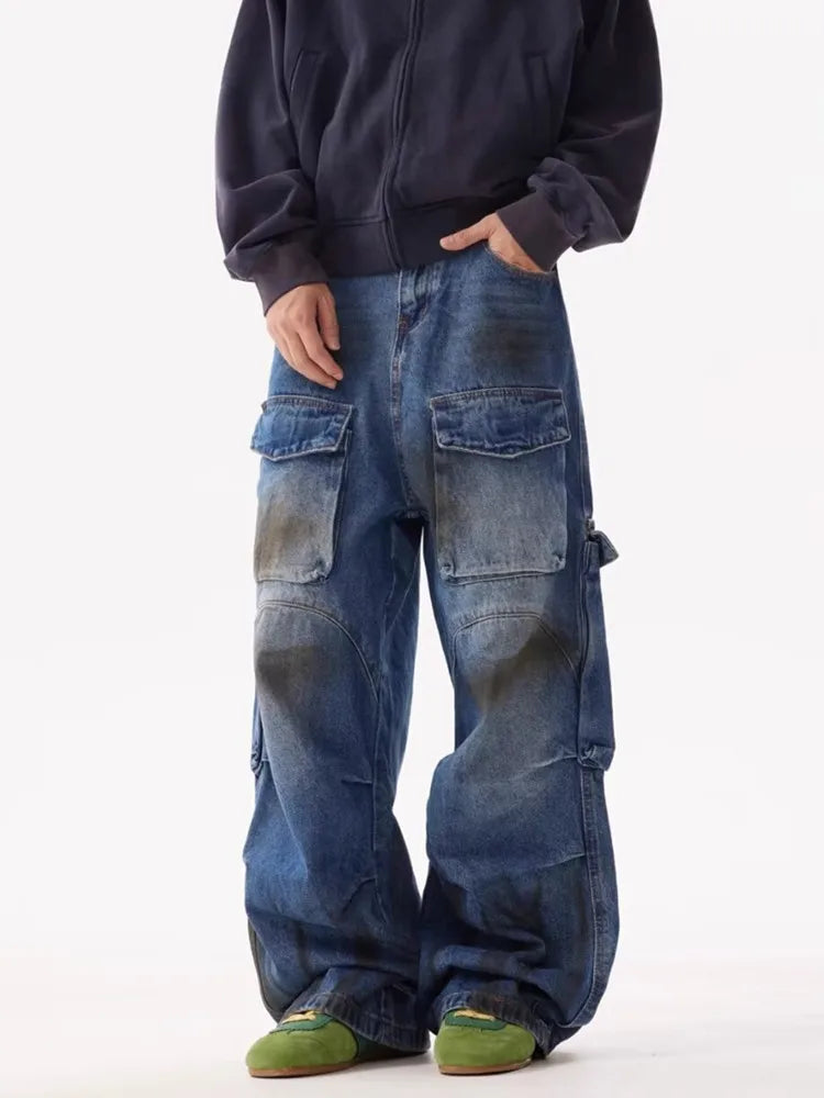 Grunge/Y2K Streetwear Pleated Baggy Cargo Jeans, Vintage Blue Wide Leg Denim