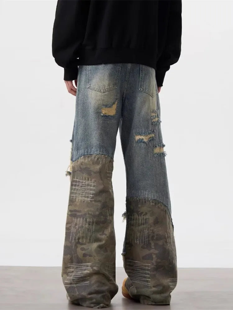 Trashy Y2K Streetwear, Ripped Stacked Baggy Jeans ,Camouflage Patchwork