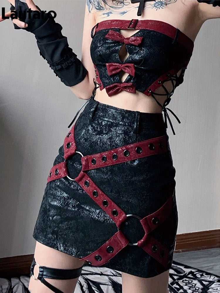 Lautaro Red & Black Patchwork PU Leather Mini Skirt