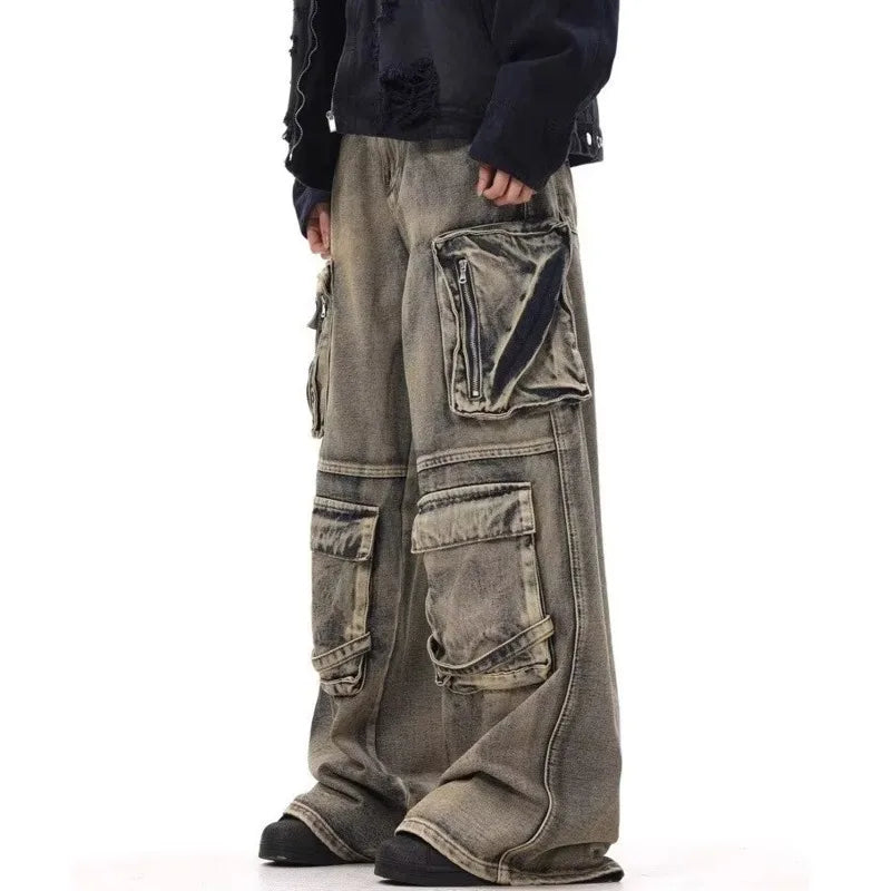 American Washed Distressed Denim Cargo Pants For Men Multi Pocket Spliced Design Hip-hop Loose Wide Leg Baggy Jeans 28W5622