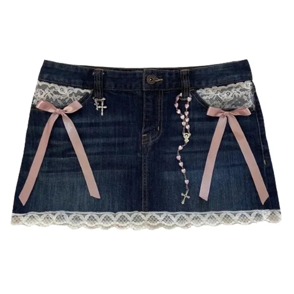 Y2K New Gothic Retro Black Denim Skirt Harajuku Star Graphic Rhinestone Rivet Mini Skirt Sexy Hot Girl Slim Low Waist Hip Skirts