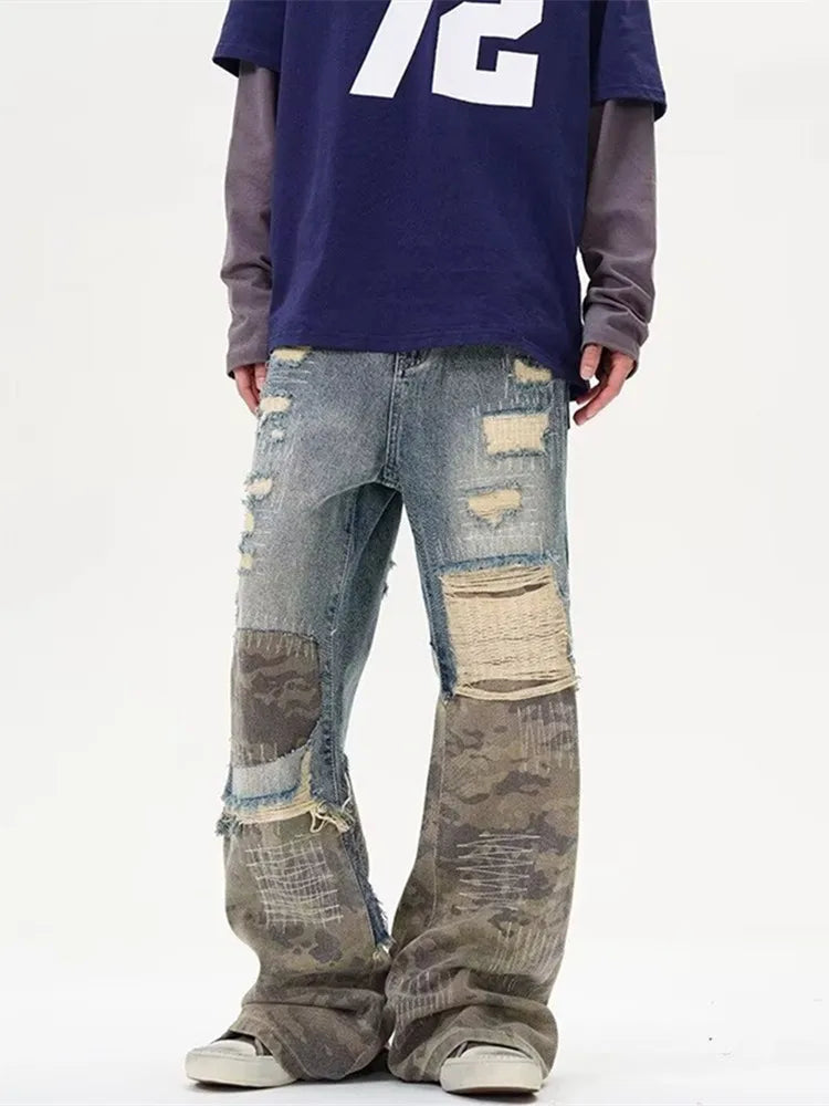 Trashy Y2K Streetwear, Ripped Stacked Baggy Jeans ,Camouflage Patchwork