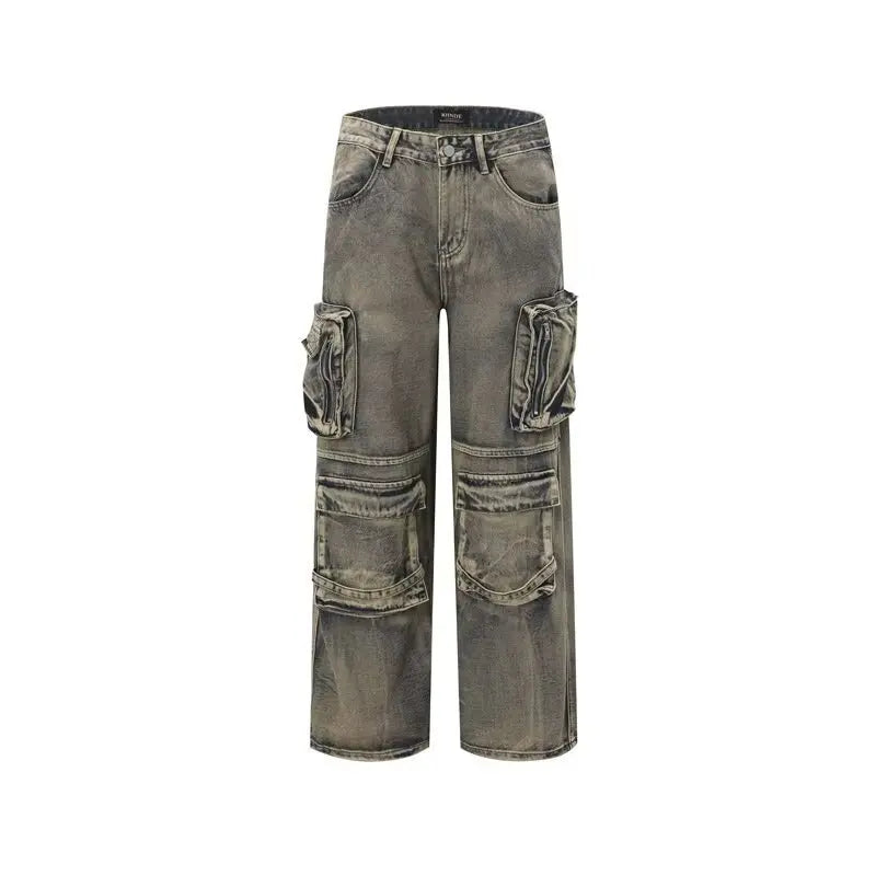 American Washed Distressed Denim Cargo Pants For Men Multi Pocket Spliced Design Hip-hop Loose Wide Leg Baggy Jeans 28W5622