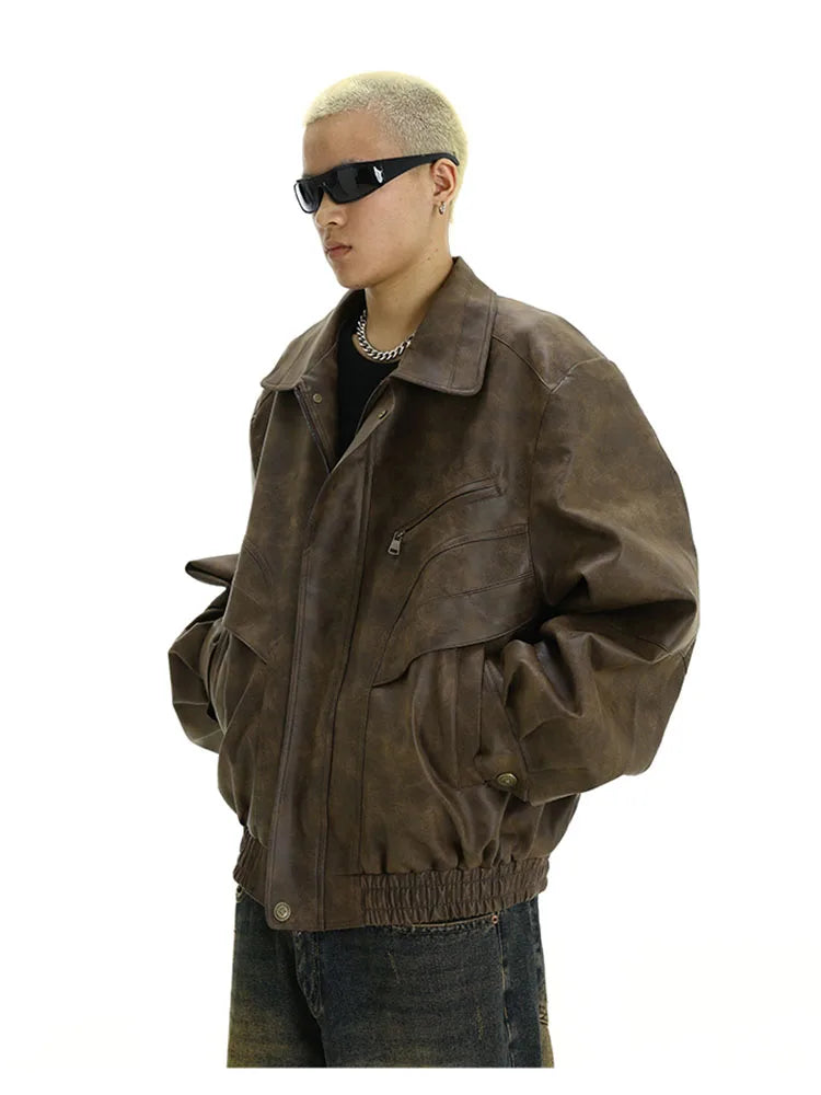 Retro Distressed Brown PU Leather Jacket – Men's Vintage American Style