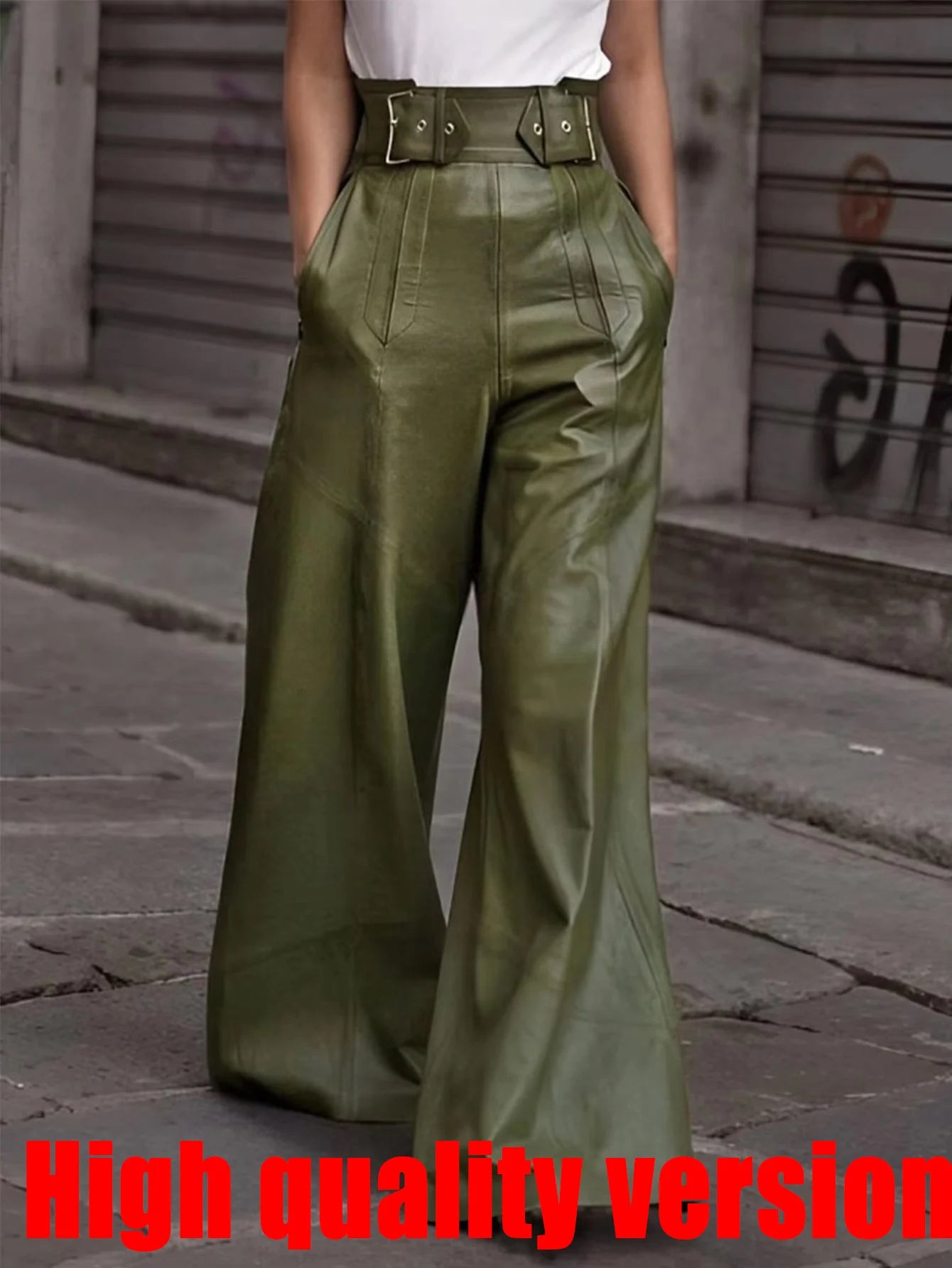 Casual Loose Leather Pants Women High Waist Wide Legs Solid Pocket Flare Pant Female 2025 Autumn Fashion Belt Streetwears Lady