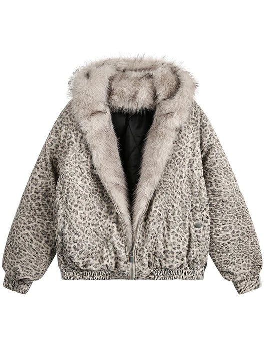 Men's Leopard Print Fur Collar Hooded Coat – Thick Quilted Winter Jacket