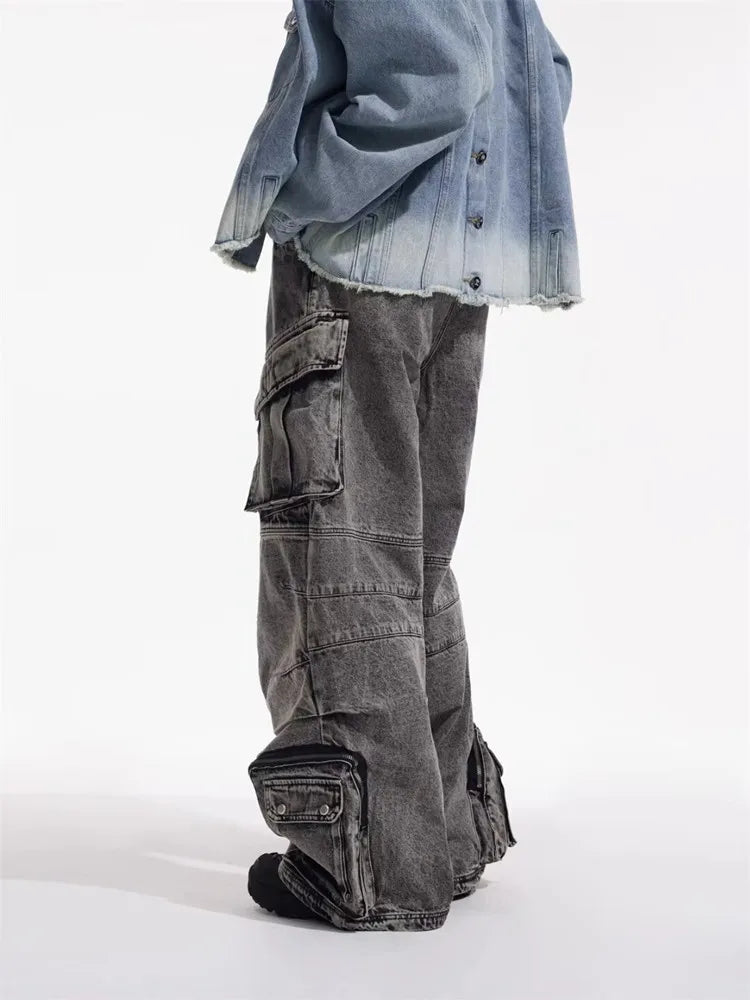 Cyber Y2K - Washed Grey Baggy Cargo Jeans, 90S Vintage Style