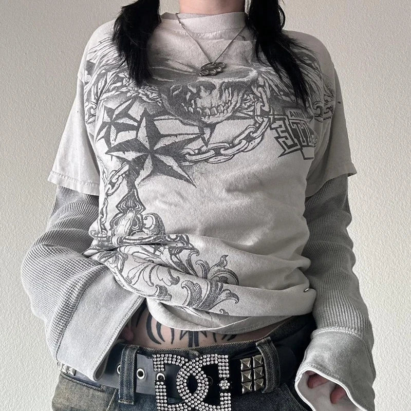 Y2K Grunge Emo Vintage T-shirt 2000s Cross Cyber Goth Patchwork Long Sleeve Tees E-girl Gothic Harajuku Loose Tops Women Men