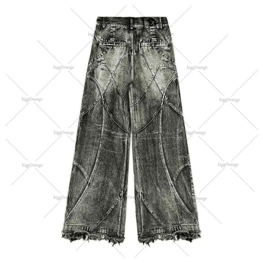 Spliced Design Washed Denim Jeans Men's Streetwear Fashion Straight Leg Denim Pants Hip Hop Trendy Trousers Spring 28W4634