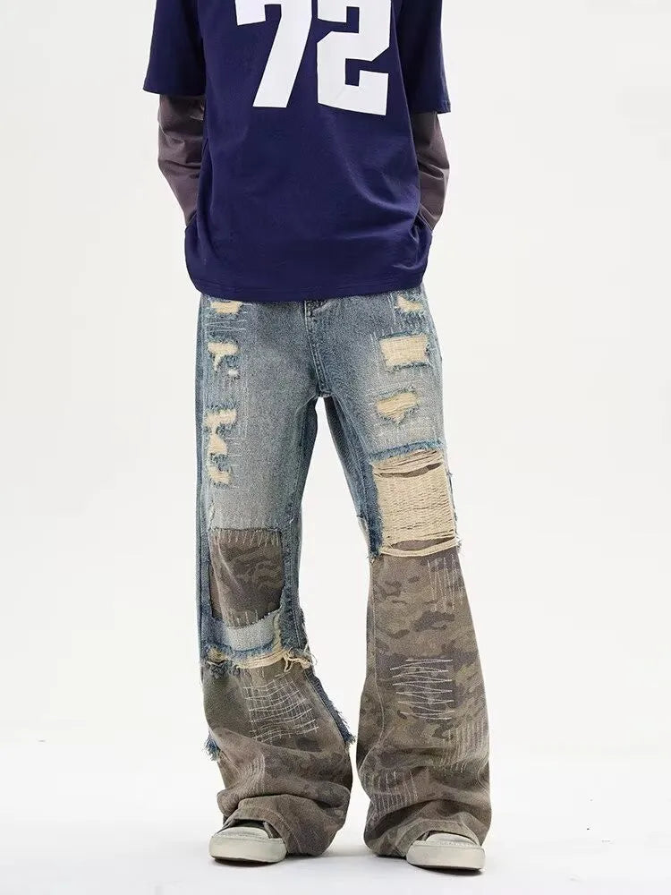 Trashy Y2K Streetwear, Ripped Stacked Baggy Jeans ,Camouflage Patchwork