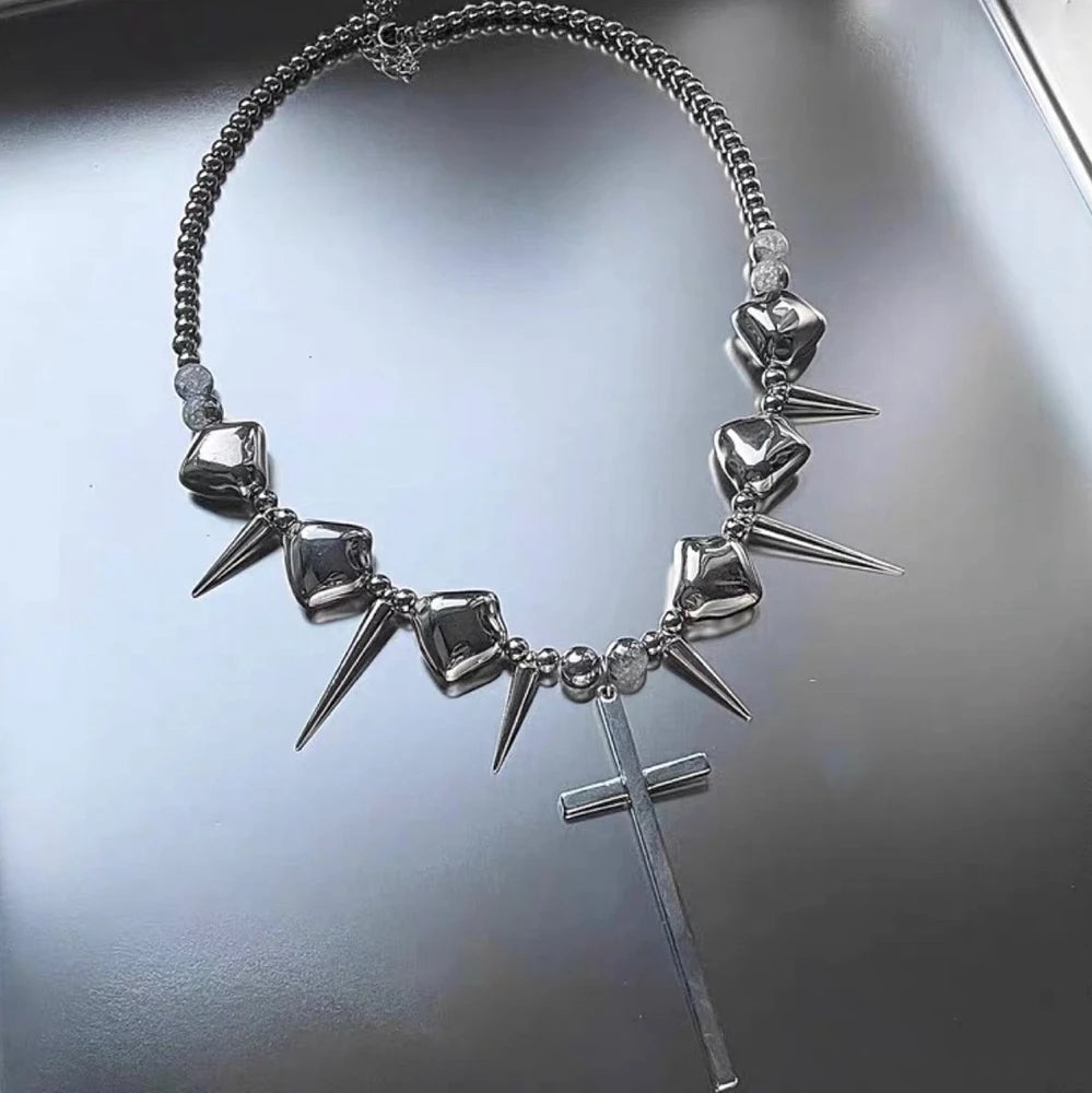 Retro Y2K Long Spike Rivet Necklace Stainless Steel Cross Hip Hop Necklace for Women Vintage Grunge Style Party Jewelry