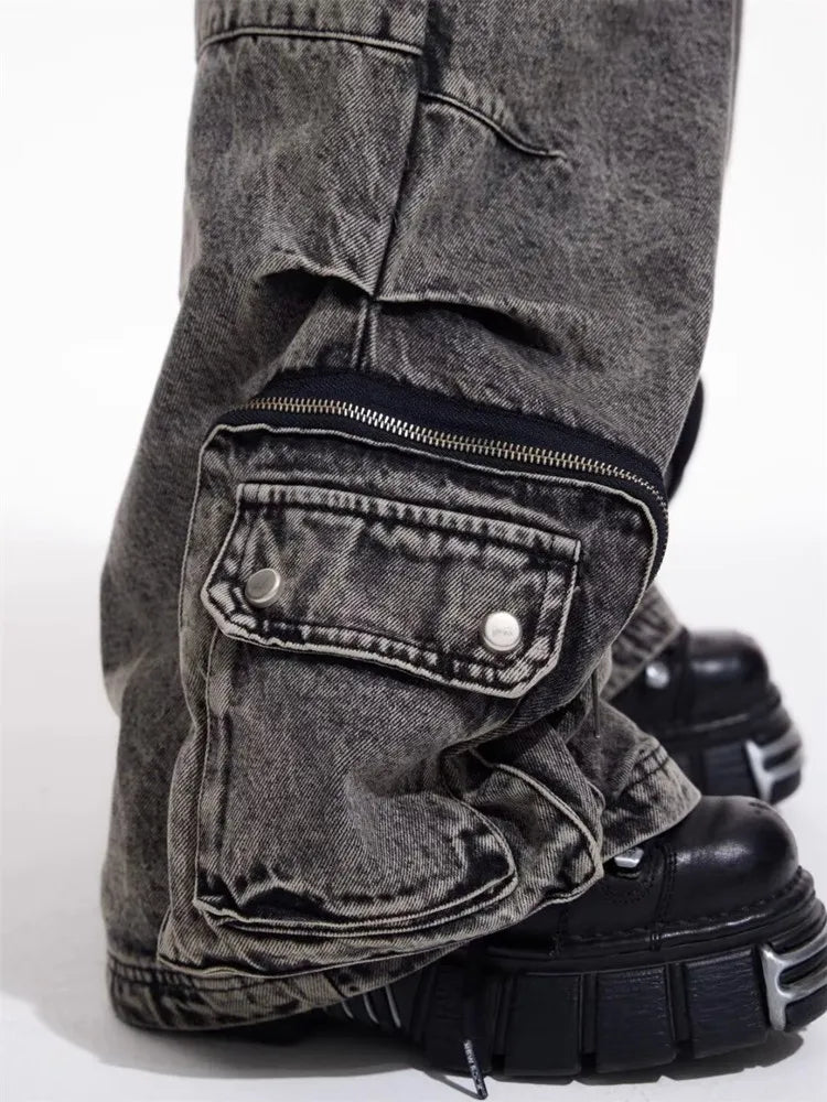 Cyber Y2K - Washed Grey Baggy Cargo Jeans, 90S Vintage Style