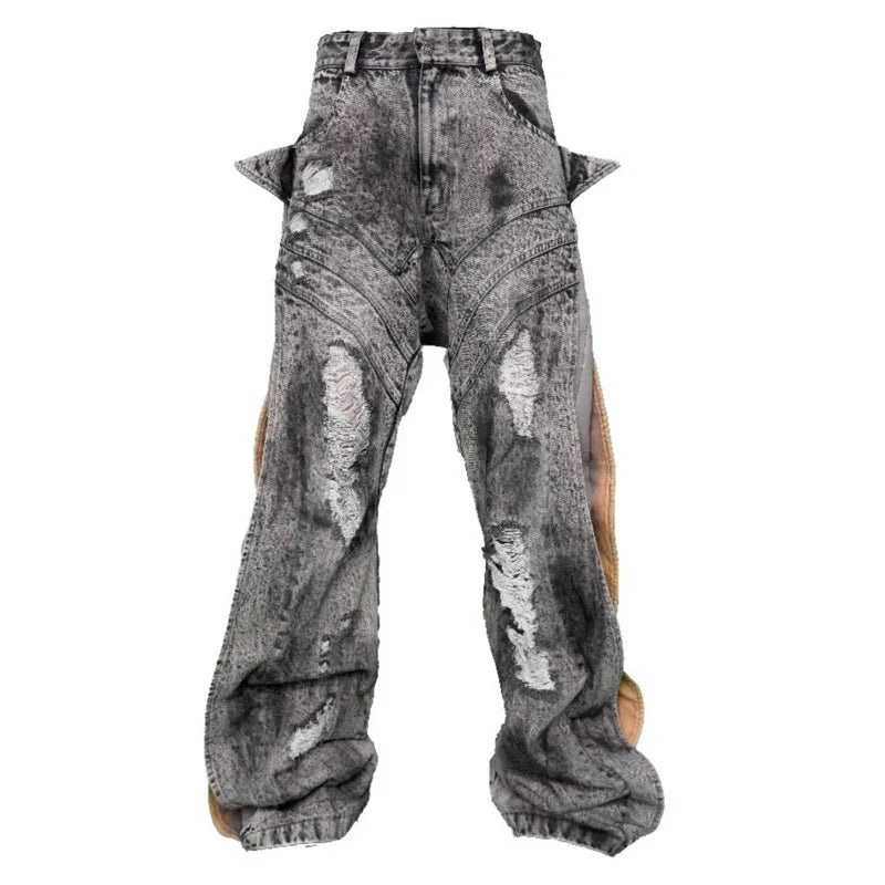 Destroy Hole Deconstruct Spliced Design Jeans Male High Street Worn-out Washed Straight Trousers Spring Chic New 28W4061