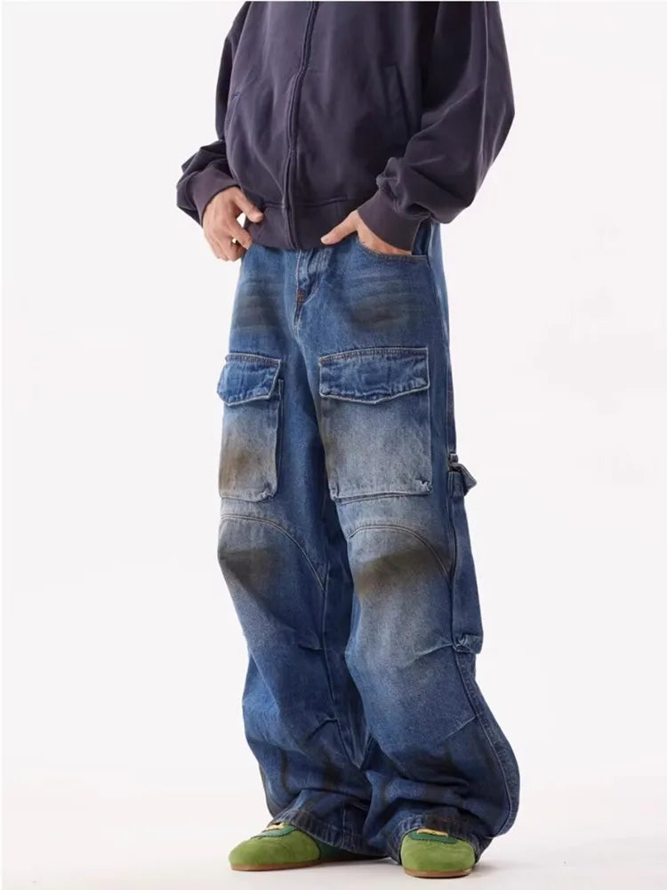 Grunge/Y2K Streetwear Pleated Baggy Cargo Jeans, Vintage Blue Wide Leg Denim