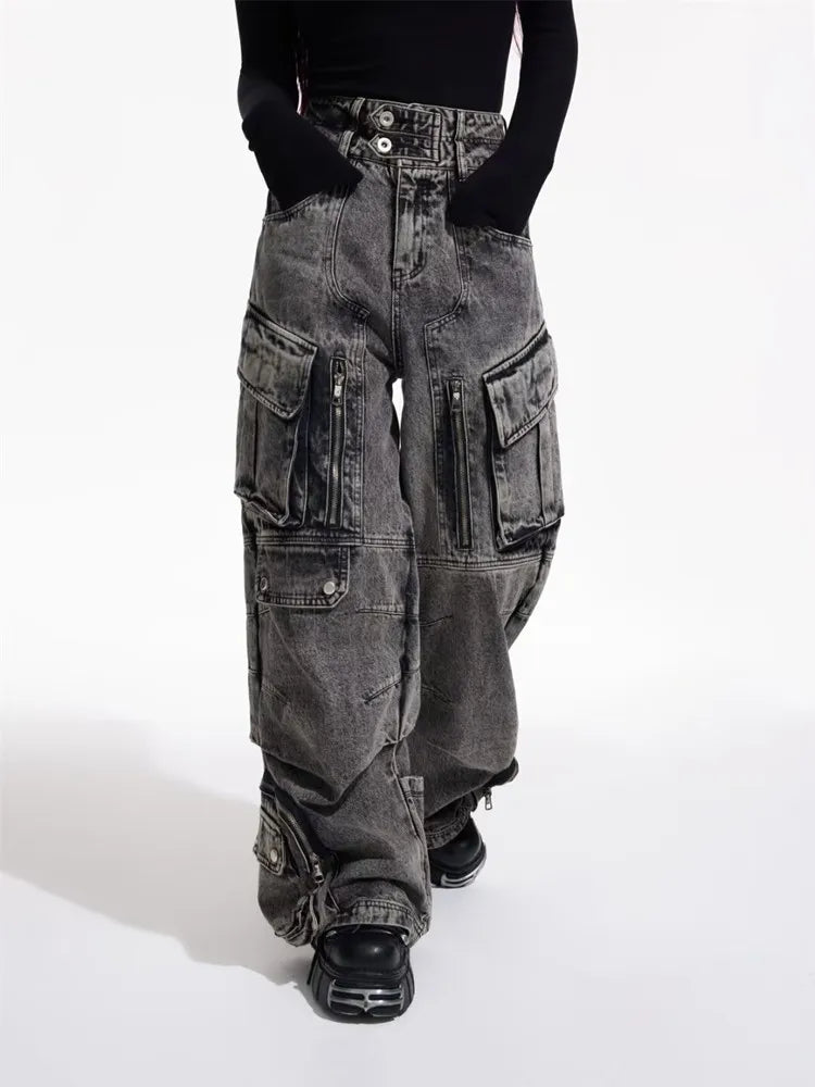 Cyber Y2K - Washed Grey Baggy Cargo Jeans, 90S Vintage Style