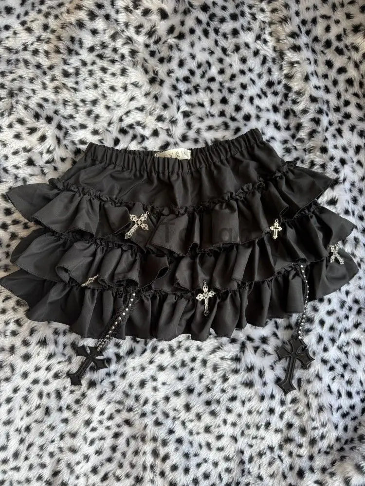 Aesthetic Y2k Elastic Waist Cross Short Skirt Women Hot Chick Chic High Waist Ruffle Skirts Female Design Retro Cake Skirt New